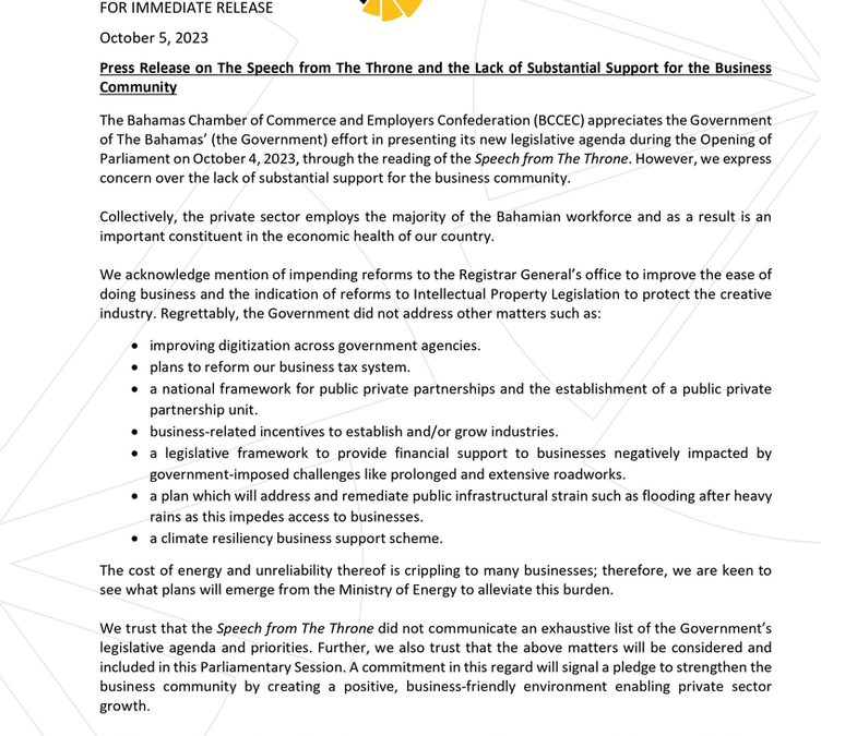 BCCEC Press Statement: Speech from The Throne – Lack of Substantial Support for Business Community