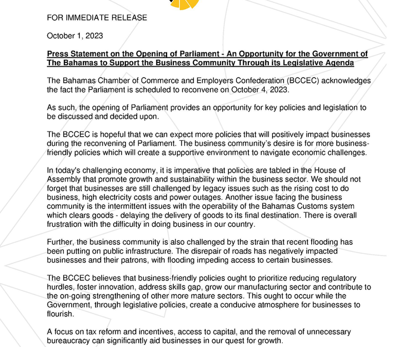 BCCEC Press Statement: Opening of Parliament – Opportunity for Gov to support business community